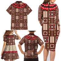 Samoa Siapo Family Matching Long Sleeve Bodycon Dress and Hawaiian Shirt Tapa Pattern Mix Ula Fala Hibiscus - Wonder Print Shop