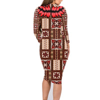 Samoa Siapo Family Matching Long Sleeve Bodycon Dress and Hawaiian Shirt Tapa Pattern Mix Ula Fala Hibiscus - Wonder Print Shop