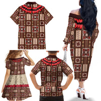 Samoa Siapo Family Matching Off Shoulder Long Sleeve Dress and Hawaiian Shirt Tapa Pattern Mix Ula Fala Hibiscus - Wonder Print Shop