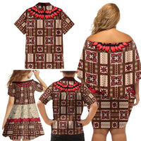 Samoa Siapo Family Matching Off Shoulder Short Dress and Hawaiian Shirt Tapa Pattern Mix Ula Fala Hibiscus - Wonder Print Shop