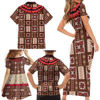 Samoa Siapo Family Matching Short Sleeve Bodycon Dress and Hawaiian Shirt Tapa Pattern Mix Ula Fala Hibiscus - Wonder Print Shop