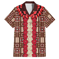 Brown short-sleeve Hawaiian shirt with tapa patchwork, red hibiscus, open collar