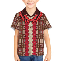 Kids Hawaiian shirt, brown with red floral tapa panel and white front print, button collar