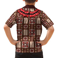 Kids Hawaiian shirt back view with brown tapa geometric blocks and red leaf/flower motif