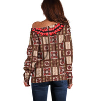 Samoa Siapo Off Shoulder Sweater Tapa Pattern Mix Ula Fala Hibiscus - Wonder Print Shop