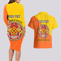 Personalised Bhutan National Day Couples Matching Long Sleeve Bodycon Dress and Hawaiian Shirt Coat Of Arms Mix Flag Style - Wonder Print Shop