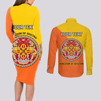 Personalised Bhutan National Day Couples Matching Long Sleeve Bodycon Dress and Long Sleeve Button Shirt Coat Of Arms Mix Flag Style - Wonder Print Shop
