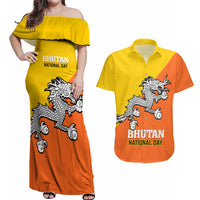 Personalised Bhutan National Day Couples Matching Off Shoulder Maxi Dress and Hawaiian Shirt Coat Of Arms Mix Flag Style - Wonder Print Shop