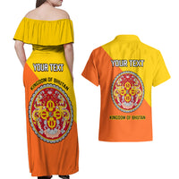 Personalised Bhutan National Day Couples Matching Off Shoulder Maxi Dress and Hawaiian Shirt Coat Of Arms Mix Flag Style - Wonder Print Shop