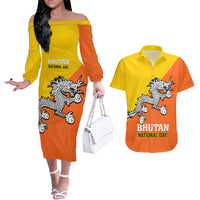 Personalised Bhutan National Day Couples Matching Off The Shoulder Long Sleeve Dress and Hawaiian Shirt Coat Of Arms Mix Flag Style - Wonder Print Shop