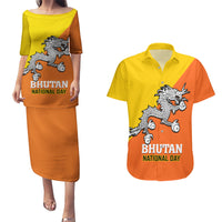 Personalised Bhutan National Day Couples Matching Puletasi Dress and Hawaiian Shirt Coat Of Arms Mix Flag Style - Wonder Print Shop