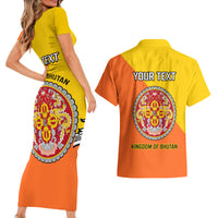 Personalised Bhutan National Day Couples Matching Short Sleeve Bodycon Dress and Hawaiian Shirt Coat Of Arms Mix Flag Style - Wonder Print Shop