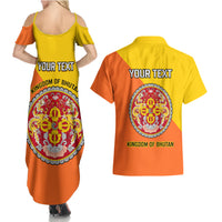 Personalised Bhutan National Day Couples Matching Summer Maxi Dress and Hawaiian Shirt Coat Of Arms Mix Flag Style - Wonder Print Shop
