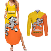 Personalised Bhutan National Day Couples Matching Summer Maxi Dress and Long Sleeve Button Shirt Coat Of Arms Mix Flag Style - Wonder Print Shop