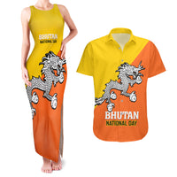 Personalised Bhutan National Day Couples Matching Tank Maxi Dress and Hawaiian Shirt Coat Of Arms Mix Flag Style - Wonder Print Shop