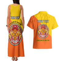 Personalised Bhutan National Day Couples Matching Tank Maxi Dress and Hawaiian Shirt Coat Of Arms Mix Flag Style - Wonder Print Shop
