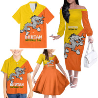 Personalised Bhutan National Day Family Matching Off Shoulder Long Sleeve Dress and Hawaiian Shirt Coat Of Arms Mix Flag Style - Wonder Print Shop