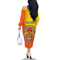 Personalised Bhutan National Day Family Matching Off Shoulder Long Sleeve Dress and Hawaiian Shirt Coat Of Arms Mix Flag Style - Wonder Print Shop