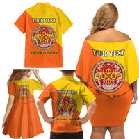 Personalised Bhutan National Day Family Matching Off Shoulder Short Dress and Hawaiian Shirt Coat Of Arms Mix Flag Style - Wonder Print Shop