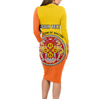 Personalised Bhutan National Day Long Sleeve Bodycon Dress Coat Of Arms Mix Flag Style - Wonder Print Shop