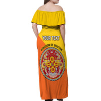Personalised Bhutan National Day Off Shoulder Maxi Dress Coat Of Arms Mix Flag Style - Wonder Print Shop