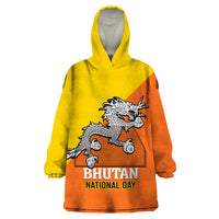Personalised Bhutan National Day Wearable Blanket Hoodie Coat Of Arms Mix Flag Style - Wonder Print Shop