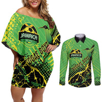Custom Jamaica Football Couples Matching Off Shoulder Short Dress and Long Sleeve Button Shirt Come On Reggae Boyz Red-billed streamertail - Wonder Print Shop