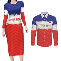 Custom Costa Rica Football Couples Matching Long Sleeve Bodycon Dress and Long Sleeve Button Shirt Map With Los Ticos Sporty Style - Wonder Print Shop