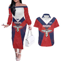 Custom Panama Football Couples Matching Off The Shoulder Long Sleeve Dress and Hawaiian Shirt Los Canaleros Harpy Eagle - Wonder Print Shop