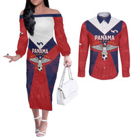 Custom Panama Football Couples Matching Off The Shoulder Long Sleeve Dress and Long Sleeve Button Shirt Los Canaleros Harpy Eagle - Wonder Print Shop