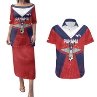 Custom Panama Football Couples Matching Puletasi and Hawaiian Shirt Los Canaleros Harpy Eagle - Wonder Print Shop