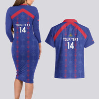 Custom Haiti Football Couples Matching Long Sleeve Bodycon Dress and Hawaiian Shirt Les Grenadiers Veve Vodou Blue - Wonder Print Shop