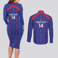 Custom Haiti Football Couples Matching Long Sleeve Bodycon Dress and Long Sleeve Button Shirt Les Grenadiers Veve Vodou Blue - Wonder Print Shop