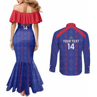 Custom Haiti Football Couples Matching Mermaid Dress and Long Sleeve Button Shirt Les Grenadiers Veve Vodou Blue - Wonder Print Shop