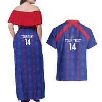 Custom Haiti Football Couples Matching Off Shoulder Maxi Dress and Hawaiian Shirt Les Grenadiers Veve Vodou Blue - Wonder Print Shop
