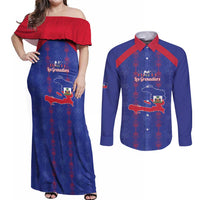 Custom Haiti Football Couples Matching Off Shoulder Maxi Dress and Long Sleeve Button Shirt Les Grenadiers Veve Vodou Blue - Wonder Print Shop
