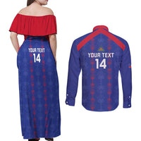 Custom Haiti Football Couples Matching Off Shoulder Maxi Dress and Long Sleeve Button Shirt Les Grenadiers Veve Vodou Blue - Wonder Print Shop
