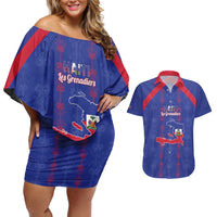 Custom Haiti Football Couples Matching Off Shoulder Short Dress and Hawaiian Shirt Les Grenadiers Veve Vodou Blue - Wonder Print Shop