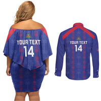 Custom Haiti Football Couples Matching Off Shoulder Short Dress and Long Sleeve Button Shirt Les Grenadiers Veve Vodou Blue - Wonder Print Shop
