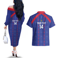 Custom Haiti Football Couples Matching Off The Shoulder Long Sleeve Dress and Hawaiian Shirt Les Grenadiers Veve Vodou Blue - Wonder Print Shop