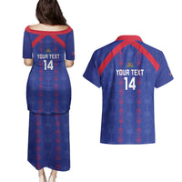 Custom Haiti Football Couples Matching Puletasi and Hawaiian Shirt Les Grenadiers Veve Vodou Blue - Wonder Print Shop