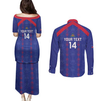 Custom Haiti Football Couples Matching Puletasi and Long Sleeve Button Shirt Les Grenadiers Veve Vodou Blue - Wonder Print Shop