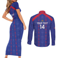 Custom Haiti Football Couples Matching Short Sleeve Bodycon Dress and Long Sleeve Button Shirt Les Grenadiers Veve Vodou Blue - Wonder Print Shop