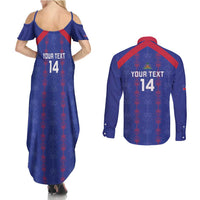 Custom Haiti Football Couples Matching Summer Maxi Dress and Long Sleeve Button Shirt Les Grenadiers Veve Vodou Blue - Wonder Print Shop