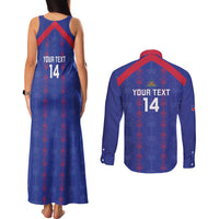 Custom Haiti Football Couples Matching Tank Maxi Dress and Long Sleeve Button Shirt Les Grenadiers Veve Vodou Blue - Wonder Print Shop