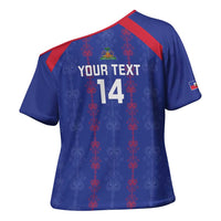 Custom Haiti Football Cross Shoulder Shirt Les Grenadiers Veve Vodou Blue - Wonder Print Shop