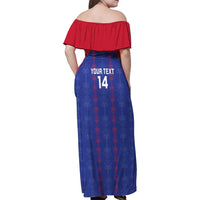 Custom Haiti Football Family Matching Off Shoulder Maxi Dress and Hawaiian Shirt Les Grenadiers Veve Vodou Blue - Wonder Print Shop