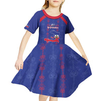 Custom Haiti Football Kid Short Sleeve Dress Les Grenadiers Veve Vodou Blue - Wonder Print Shop