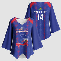 Custom Haiti Football Kimono Sleeve Blouse Les Grenadiers Veve Vodou Blue - Wonder Print Shop