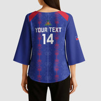 Custom Haiti Football Kimono Sleeve Blouse Les Grenadiers Veve Vodou Blue - Wonder Print Shop